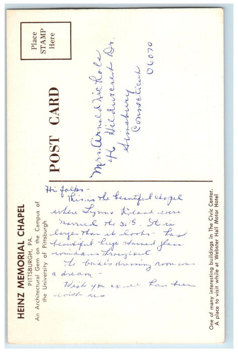 c1940's Heinz Memorial Chapel Webster Hall Motor Hotel Pittsburgh PA Postcard