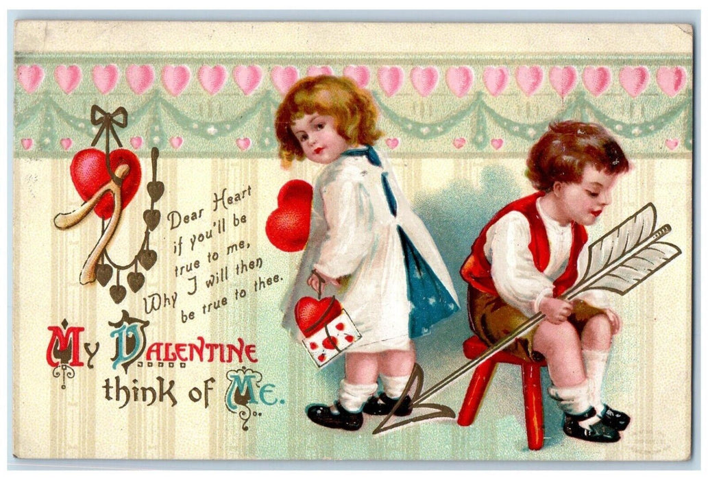 c1910's Valentine Children Hearts Wishbone And Arrow Embossed Antique Postcard