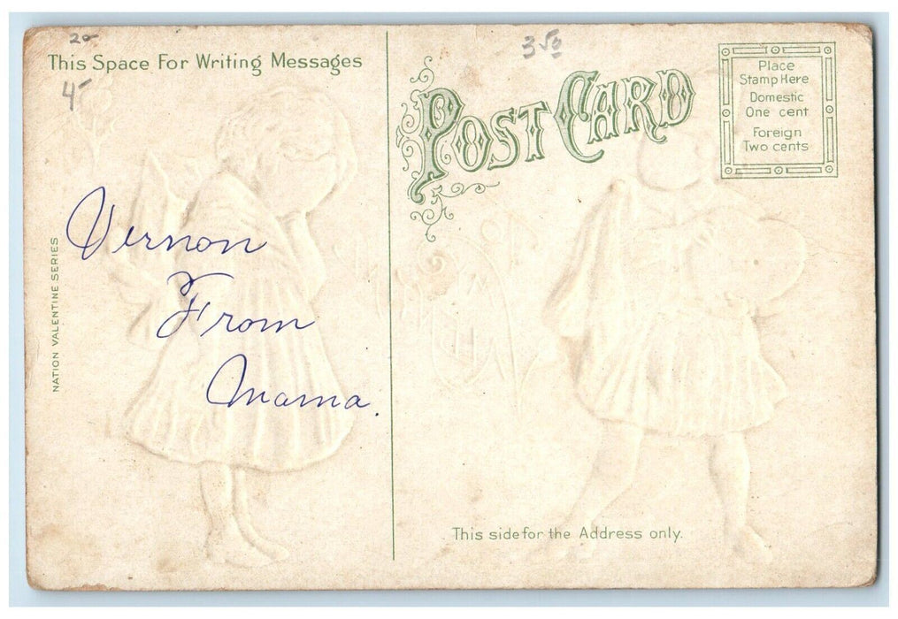 c1910's Valentine Childrens Heart Finger Bite Embossed Posted Antique Postcard