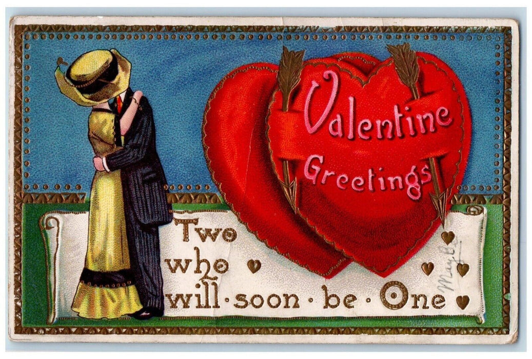 1912 Valentine Greetings Hearts Couple Kissing Romance Gel Gold Gilt Postcard