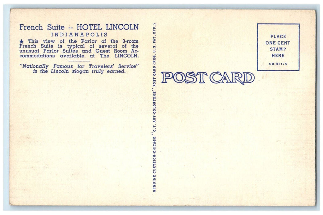 Parlor Of French Suite Hotel Interior Scene Lincoln Indianapolis IN Postcard