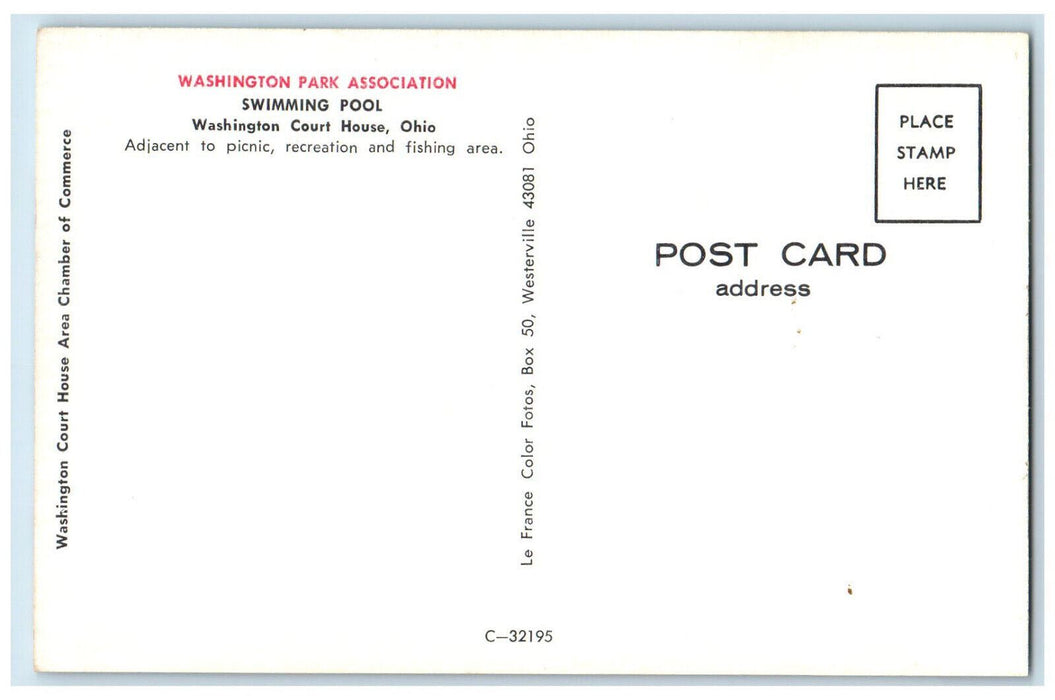 Swimming Pool Washington Park Association, Washington Court House OH Postcard