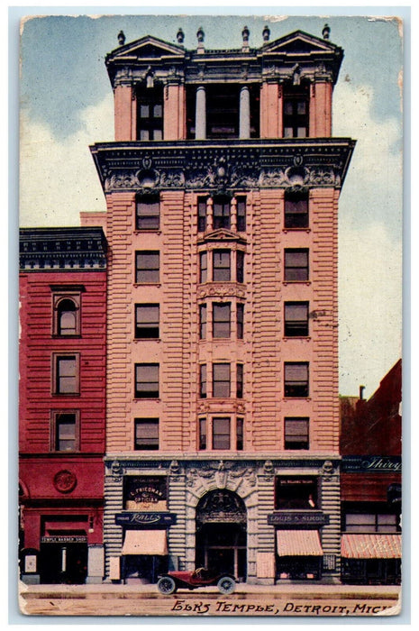 1910 Elks' Temple Building Detroit Michigan MI, Street Store Shops View Postcard