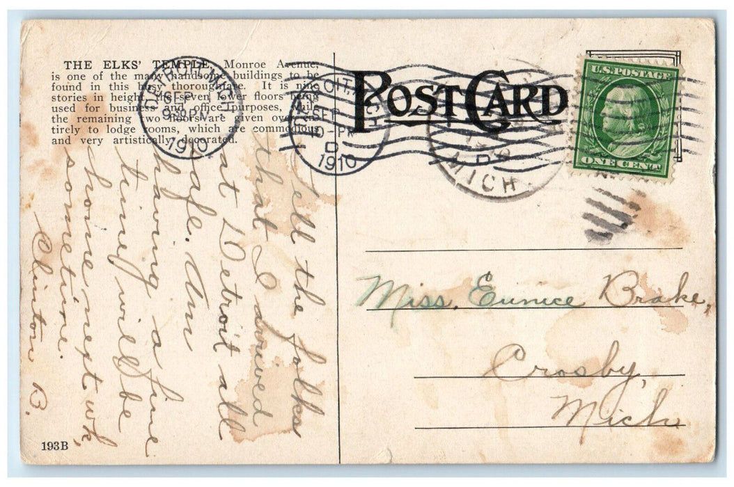 1910 Elks' Temple Building Detroit Michigan MI, Street Store Shops View Postcard