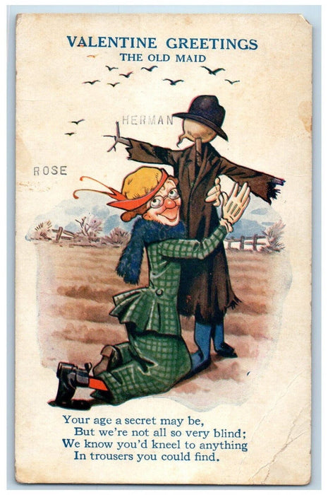 c1910's Valentine Greetings The Old Maid Bamforth Posted Antique Postcard