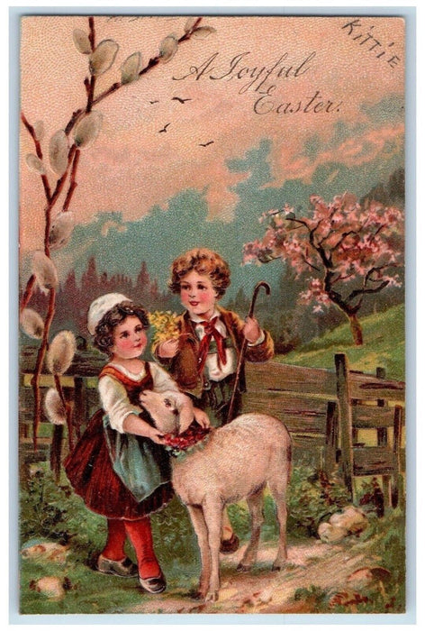 1909 Easter Children Goat Fence Pipe Berry Blossom Tree Embossed Posted Postcard