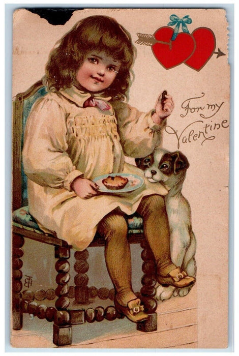 1910 Valentine Girl Eating Pie Dog Hearts ET Andrews Middletown CT Postcard