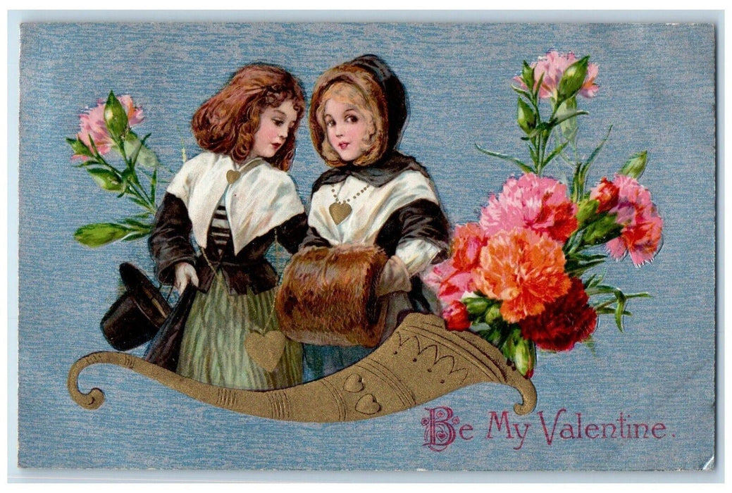 Valentine Cornucopia Flowers Girls Handwarmer Wisch Back Swanzey NH Postcard