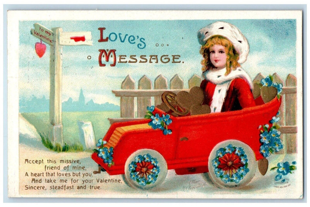 1912 Valentine Love's Message Girl Driving Car Sign Pansies Clapsaddle Postcard