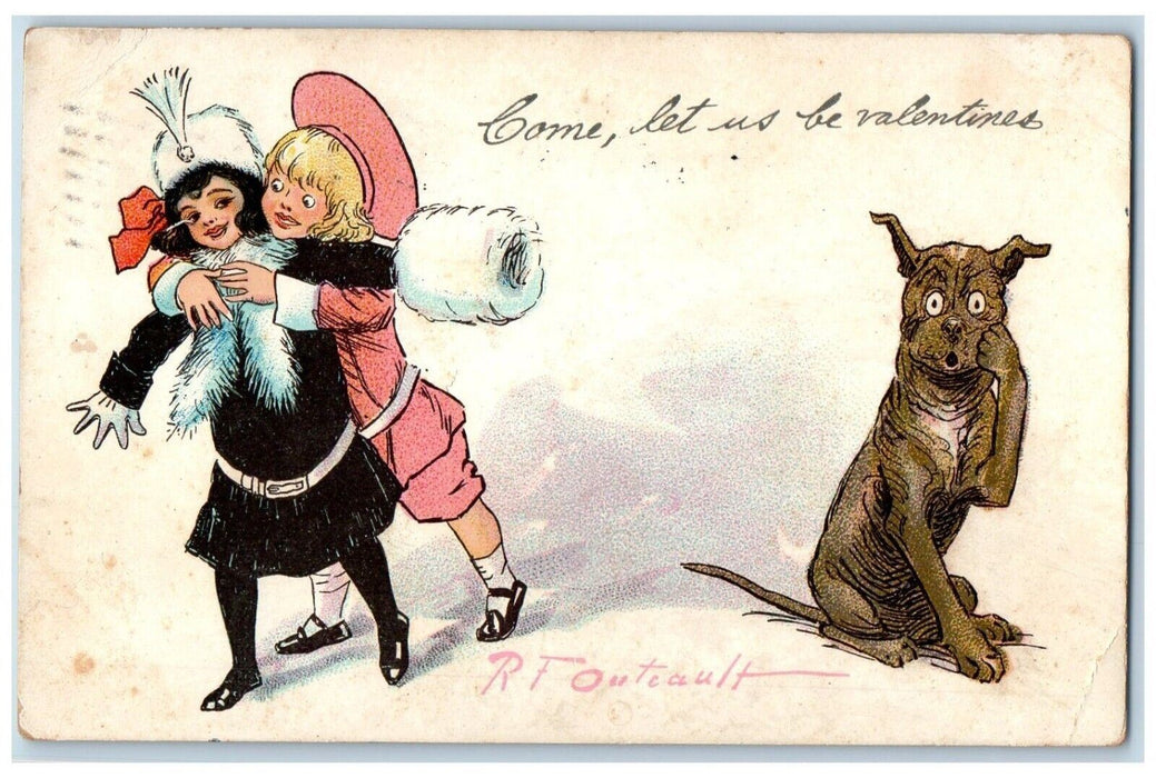 1906 Valentine Couple Hugging Handwarmer Dog Outcault Dover NH Tuck's Postcard