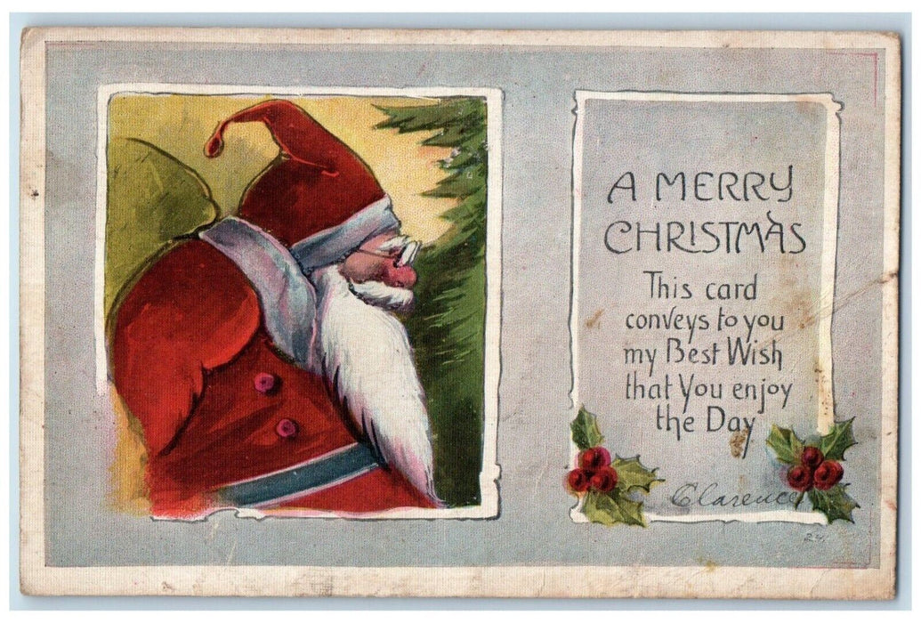 c1920's Christmas Old Santa Claus Glasses Holly Berries Bridgeport CT Postcard