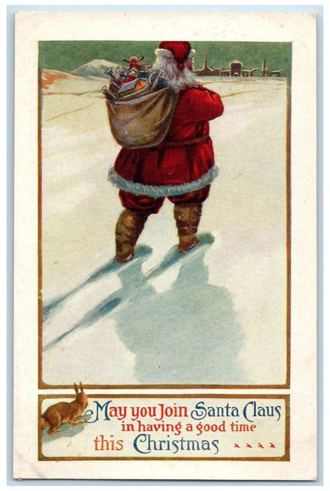 c1910's Christmas Santa Claus With Sack Of Toys Walking Southbridge MA Postcard