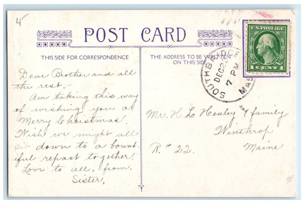 c1910's Christmas Santa Claus With Sack Of Toys Walking Southbridge MA Postcard