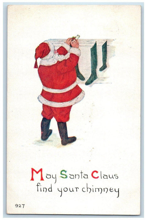 1912 Christmas Santa Claus Find Your Chimney Hanging Stockings Antique Postcard