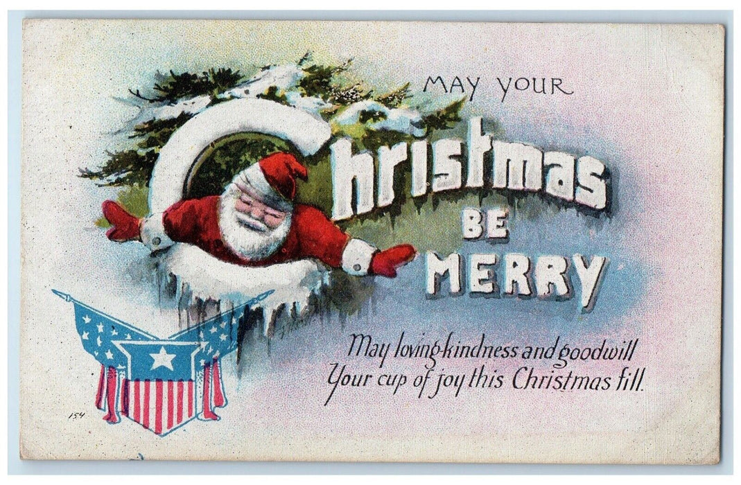 1918 Merry Christmas Santa Claus Pine Trees Winter Flag Posted Antique Postcard