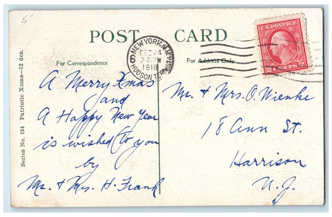 1918 Merry Christmas Santa Claus Pine Trees Winter Flag Posted Antique Postcard