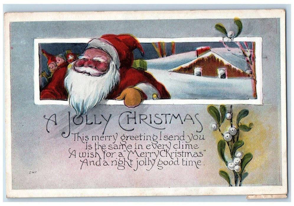 1920 Christmas Greeting Santa Claus With Toys Mistletoe House Winter Postcard