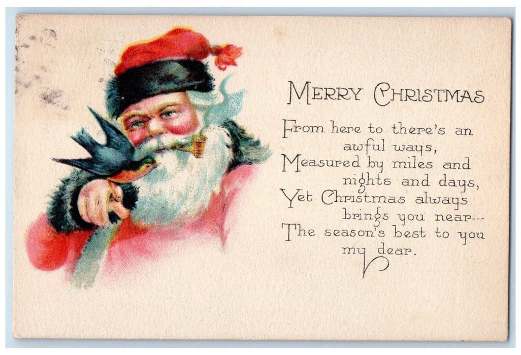 1924 Christmas Message Santa Claus Pipe Bird Rockville Connecticut CT Postcard