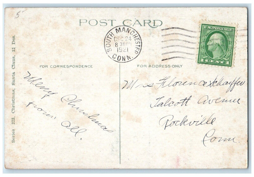 1921 Christmas Santa Claus Sack Of Toys South Manchester Connecticut CT Postcard
