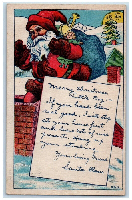 1908 Christmas Santa Claus Sack Of Toys Going Down Chimney Antique Postcard