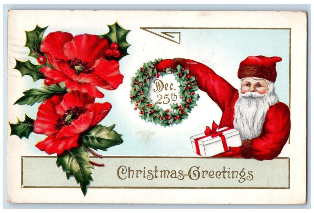 c1910's Christmas Greetings Santa Claus Whreat Berries Gift Flowers Postcard