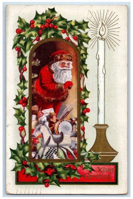 Christmas Greetings Santa Claus Delivering Toys Holly Berries Candle Postcard