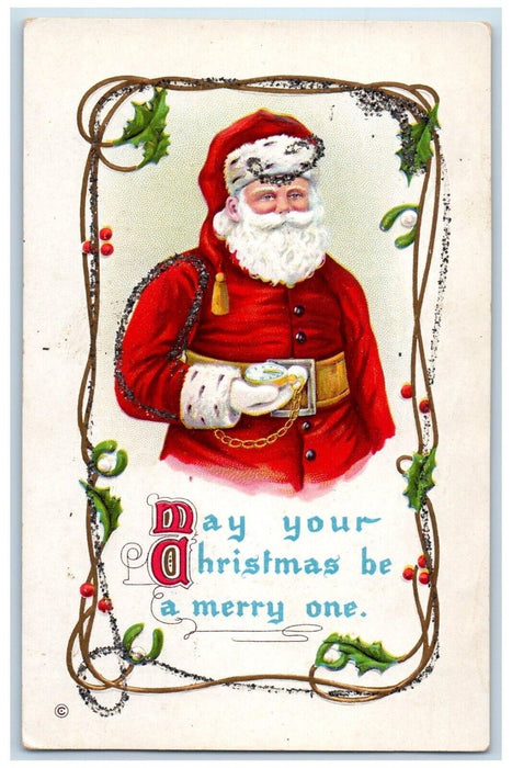Merry Christmas Santa Claus Clock Holly Berries Glitter Embossed Postcard