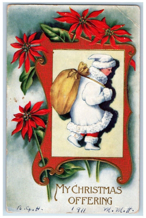 1911 Christmas Offering Santa Claus Sack Of Toy Poinsettia Embossed Postcard