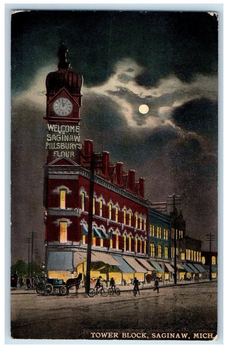 1911 Clock Tower Block Saginaw Pillsbury's Flour Building Michigan MI Postcard
