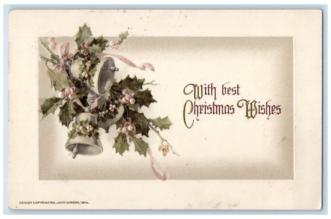 Christmas Ringing Bells Berries Wishes John Winsch Artist Signed Posted Postcard