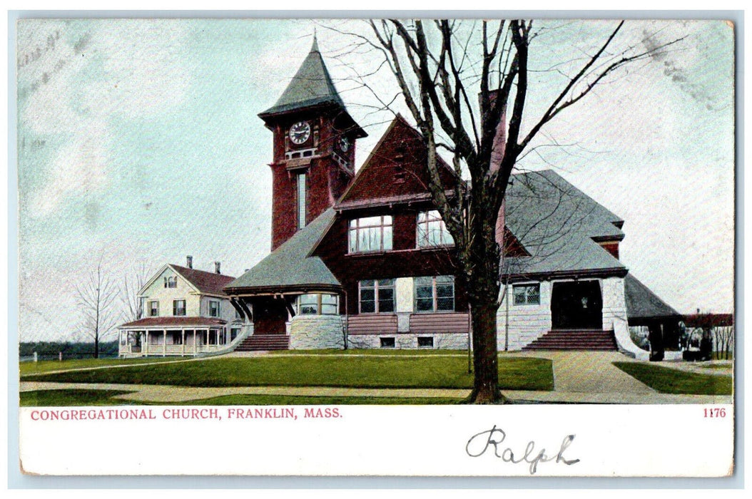 Congregational Church Front View Franklin Massachusetts MA Antique Postcard