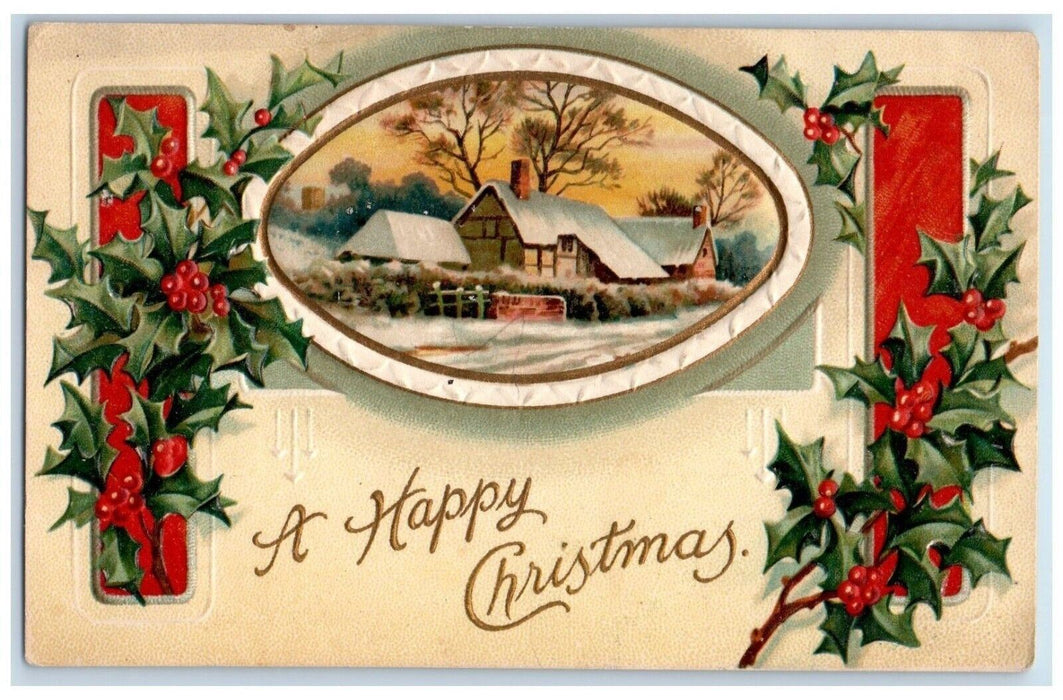 c1910's Christmas Winter House Holly Berries Clapsaddle Embossed Posted Postcard