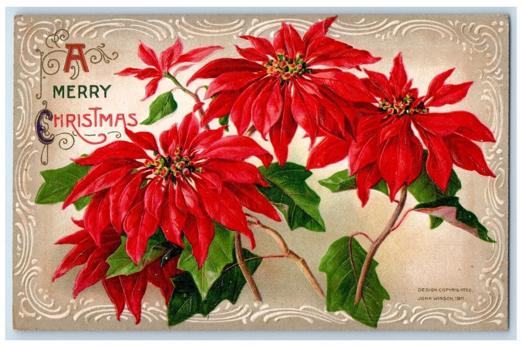 1911 Merry Christmas Poinsettia Flowers John Winsch Embossed Antique Postcard