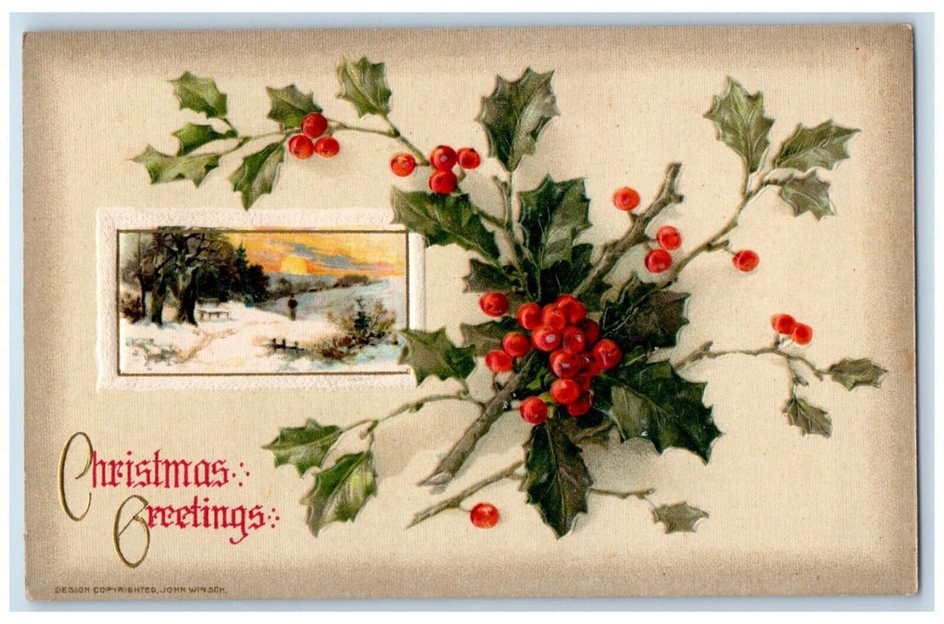Christmas Greetings John Winsch Holly Berries Winter Artist Signed Postcard