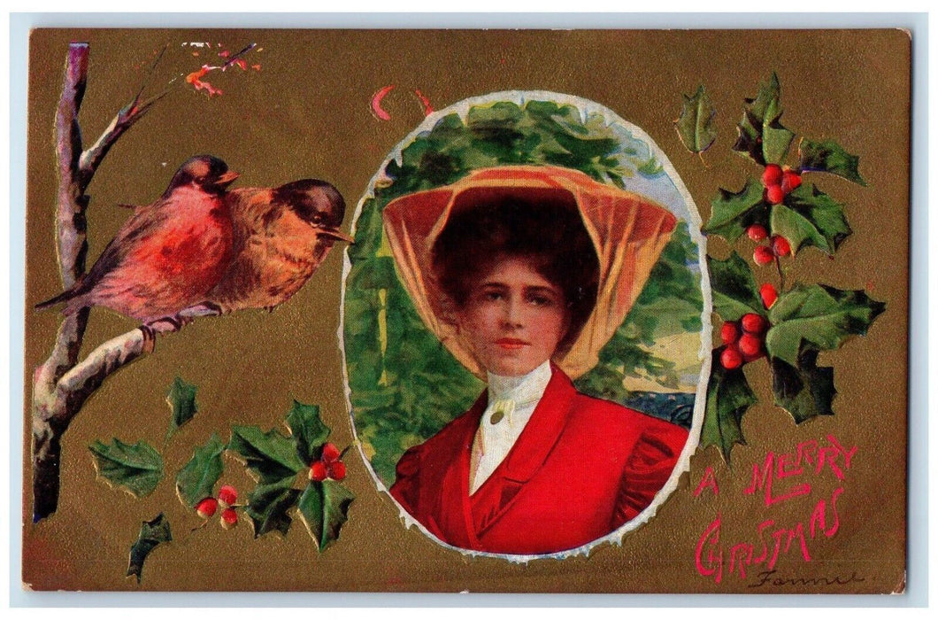 c1910's Christmas Pretty Woman Birds Holly Berries Embossed Antique Postcard