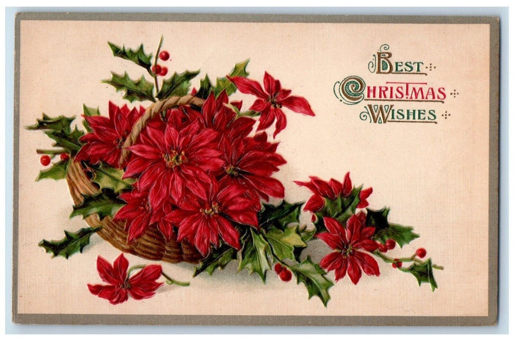 c1910's Christmas Poinsettia Flowers In Basket Winsch Back Embossed Postcard