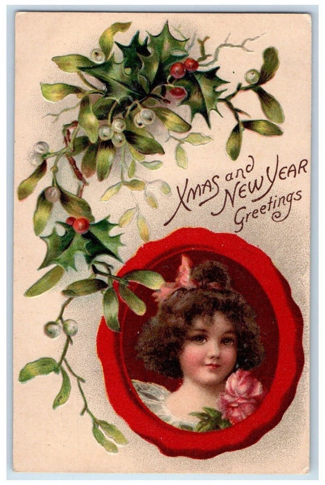 1908 Christmas New Year Greetings Cute Little Girl Mistletoe Embossed Postcard
