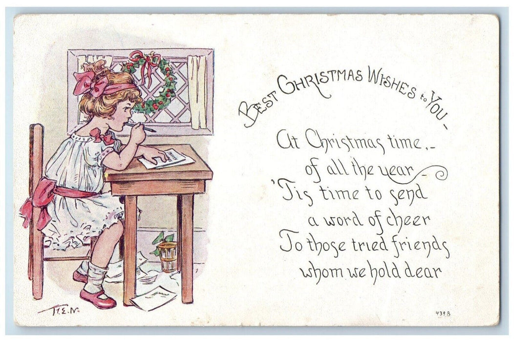 1914 Christmas Wishes Girl Writing Letter Whreat Port Dickinson NY Postcard