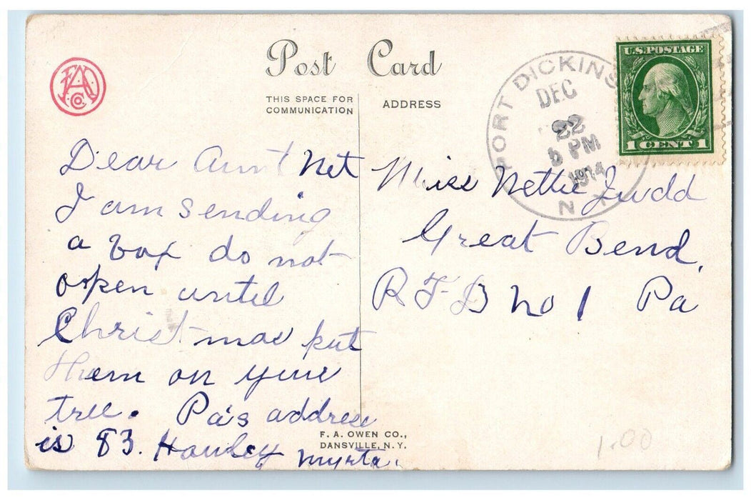 1914 Christmas Wishes Girl Writing Letter Whreat Port Dickinson NY Postcard