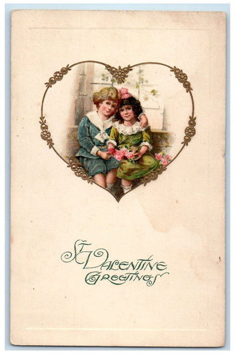 c1910's Valentine Greetings Sweet Couple Flowers Winsch Back Embossed Postcard