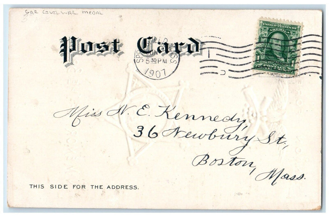 1907 Gar Civil War Medal Patriotic Embossed Springfield MA Antique Postcard