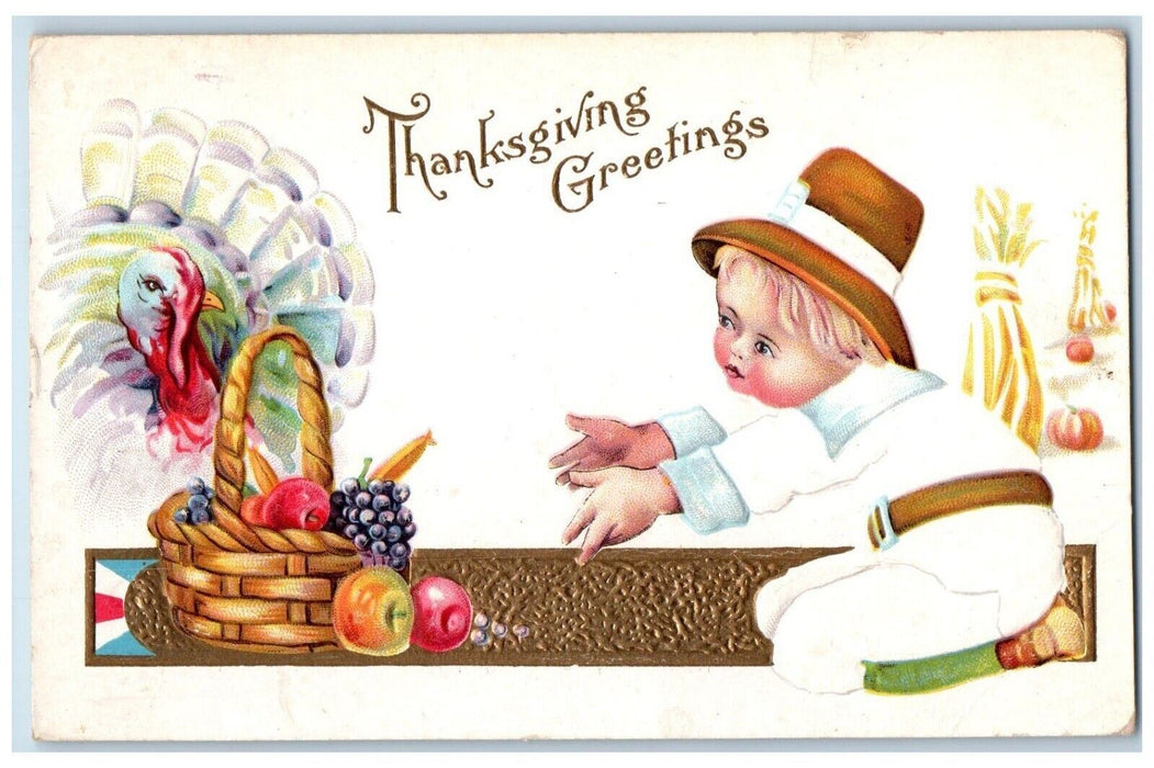 Thanksgiving Greetings Boy Turkey Fruits In Basket Pilgrim Lyons NY Postcard