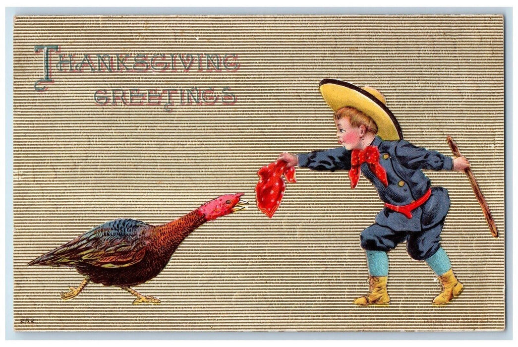 1908 Thanksgiving Greetings Boy Playing Turkey Embossed Posted Antique Postcard
