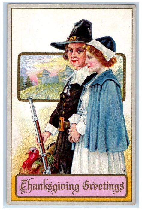 c1910's Thanksgiving Greetings Couple Romance Turkey Embossed Antique Postcard