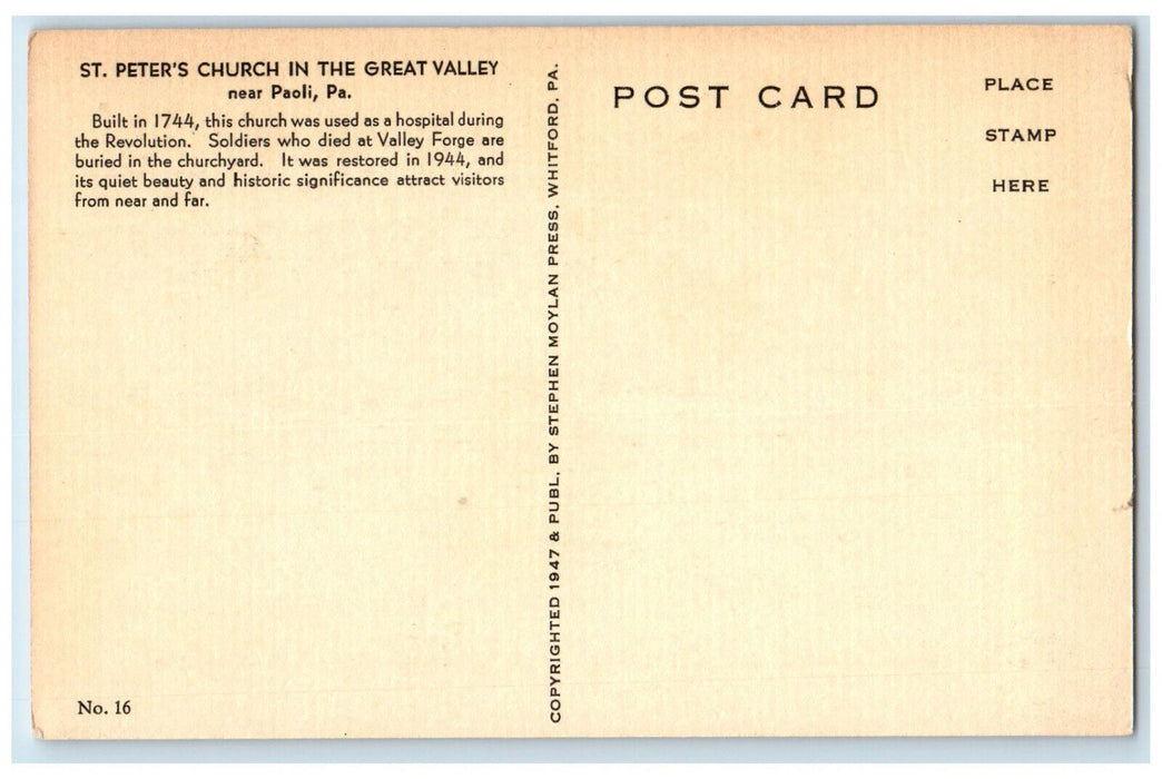 c1950's St. Peter's Church in the Great Valley Paoli Pennsylvania PA Postcard
