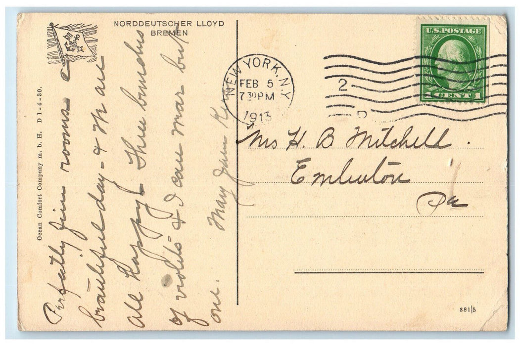 1913 Express Steamer Kroprinzessin Cecilie in New York Harbor NY Postcard