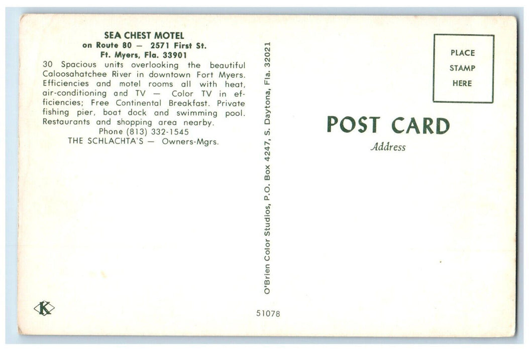 c1960 Sea Chest Motel First St. Caloosahatchee River Fort Myers Florida Postcard