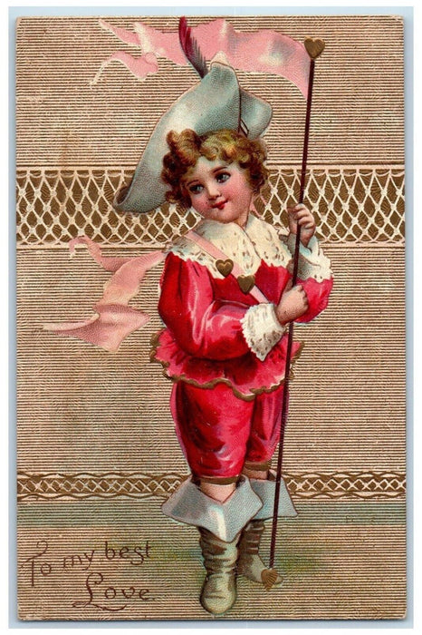 1910 Valentine Little Boy Feather Hat Embossed Crafton Massachusetts MA Postcard