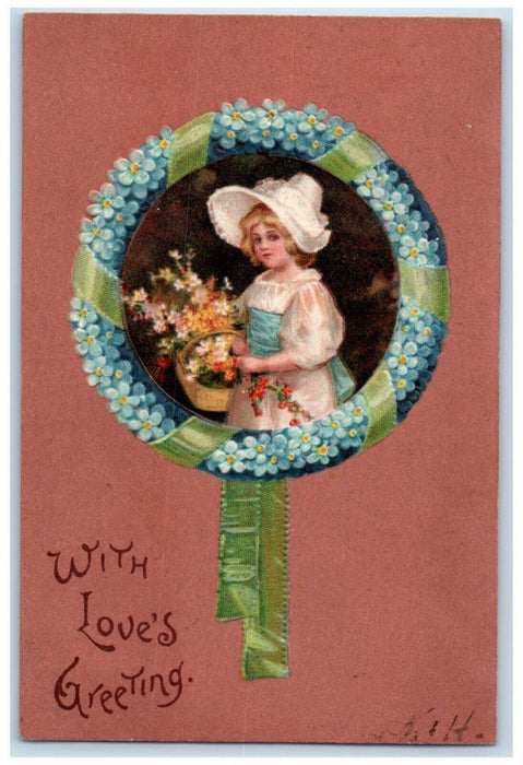 1908 Valentine Greetings Girl With Flowers In Basket Pansies Clapsaddle Postcard