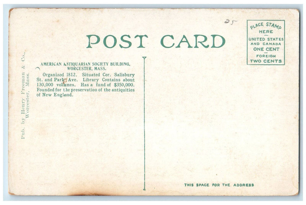 c1920's American Antiquarian Society Building Worcester MA Postcard
